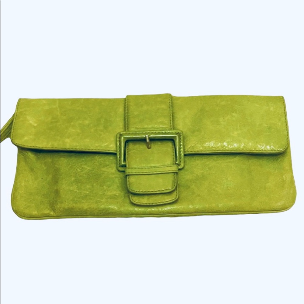 Hobo International Light Green Cracked Leather Wristlet Clutch w/Buckle